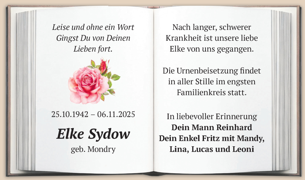  Traueranzeige für Elke Sydow vom 22.11.2025 aus Märkische Oderzeitung