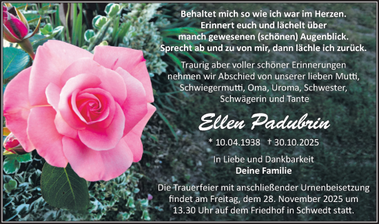 Traueranzeige von Ellen Padubrin von MO Uckerm.-Anz.
