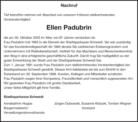 Traueranzeige von Ellen Padubrin von MO Uckerm.-Anz.