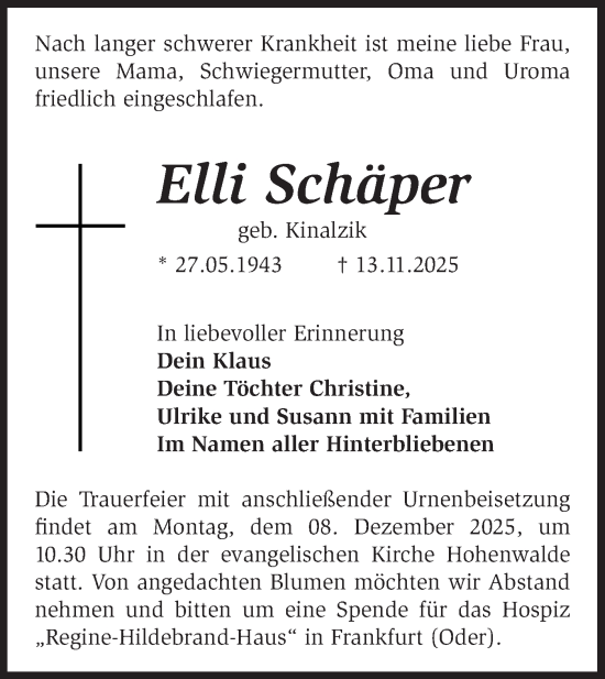 Traueranzeige von Elli Schäper von Märkische Oderzeitung
