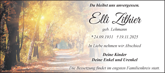 Traueranzeige von Elli Zithier von Blickpunkt Jüterbog/Luckenwalde
