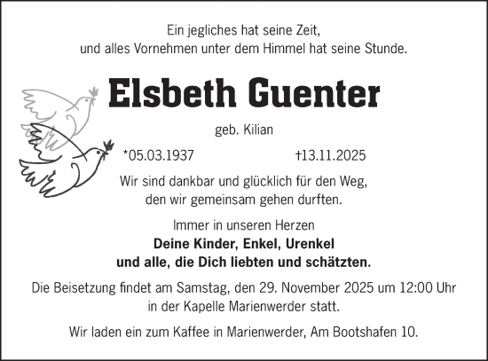 Traueranzeige von Elsbeth Guenter von Märkische Oderzeitung