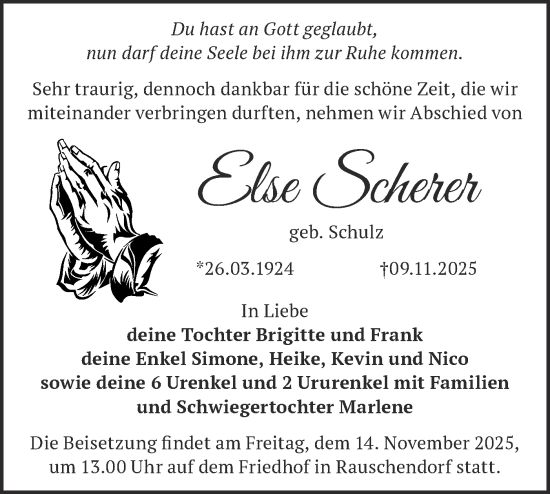 Traueranzeige von Else Scherer von Märkische Oderzeitung