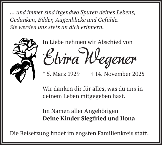 Traueranzeige von Elvira Wegener von Märkische Oderzeitung