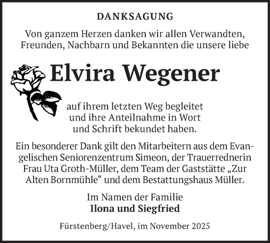 Traueranzeige von Elvira Wegener von Märkische Oderzeitung