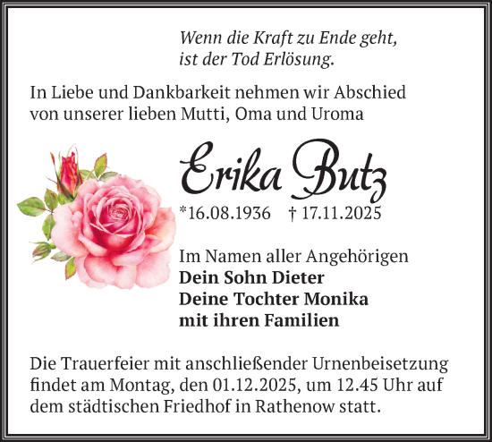 Traueranzeige von Erika Butz von Märkische Oderzeitung