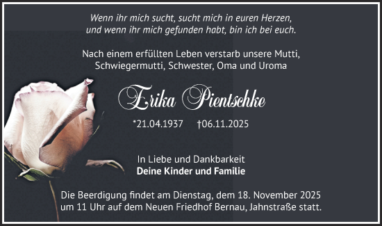Traueranzeige von Erika Pientschke von Märkische Oderzeitung