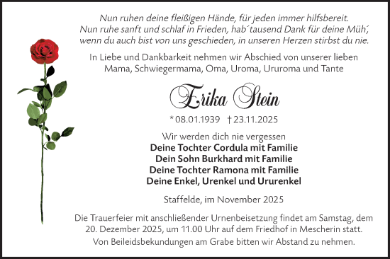 Traueranzeige von Erika Stein von MO Uckerm.-Anz.