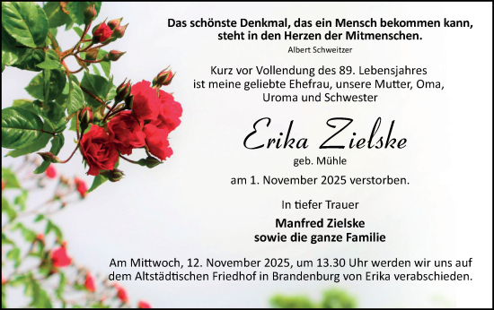 Traueranzeige von Erika Zielske von Märkische Oderzeitung