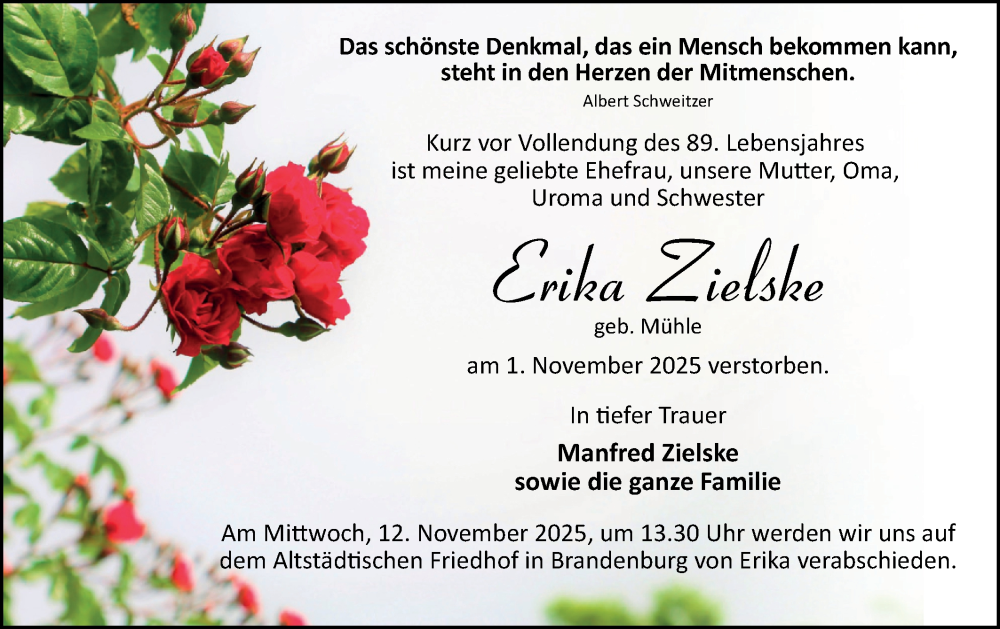  Traueranzeige für Erika Zielske vom 08.11.2025 aus Märkische Oderzeitung