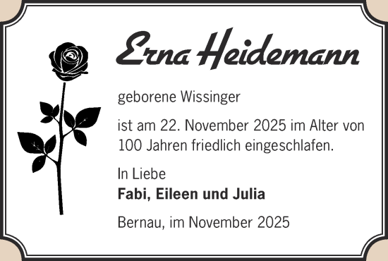 Traueranzeige von Erna Heidemann von Märkische Oderzeitung