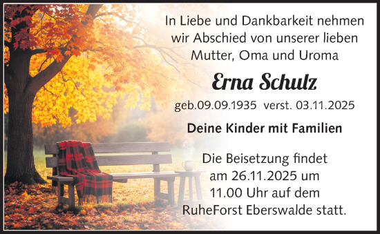 Traueranzeige von Erna Schulz von Märkische Oderzeitung