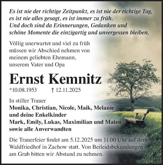Traueranzeige von Ernst Kemnitz von Märkische Oderzeitung