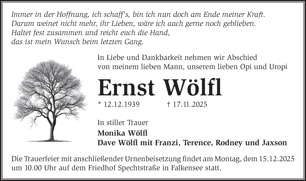  Traueranzeige für Ernst Wölfl vom 29.11.2025 aus Märkische Oderzeitung
