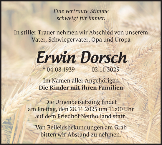 Traueranzeige von Erwin Dorsch von Märkische Oderzeitung