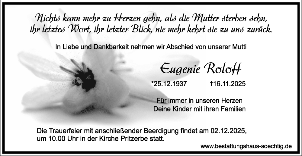  Traueranzeige für Eugenie Roloff vom 22.11.2025 aus Märkische Oderzeitung