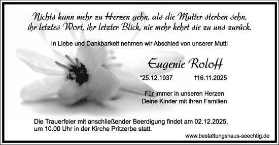 Traueranzeige von Eugenie Roloff von Märkische Oderzeitung