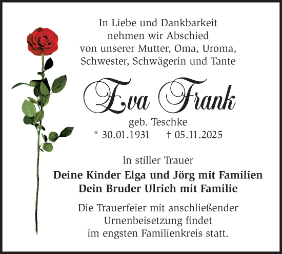 Traueranzeige von Eva Frank von Blickpunkt Jüterbog/Luckenwalde