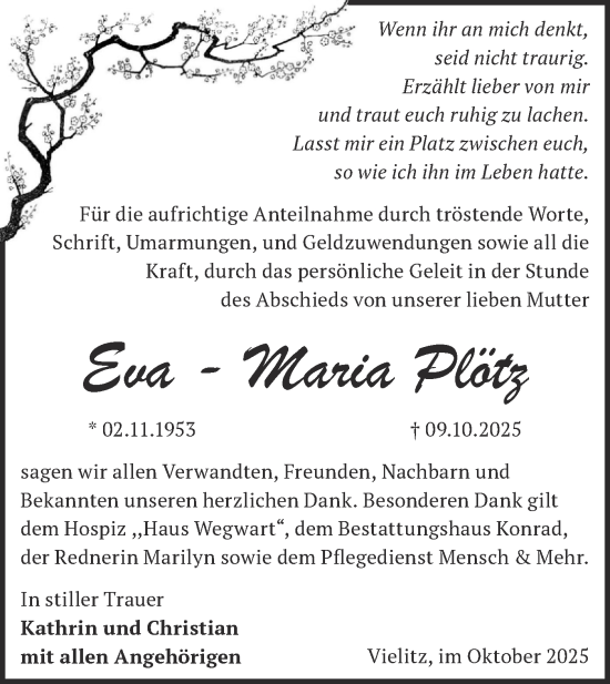 Traueranzeige von Eva-Maria Plötz von Märkische Oderzeitung