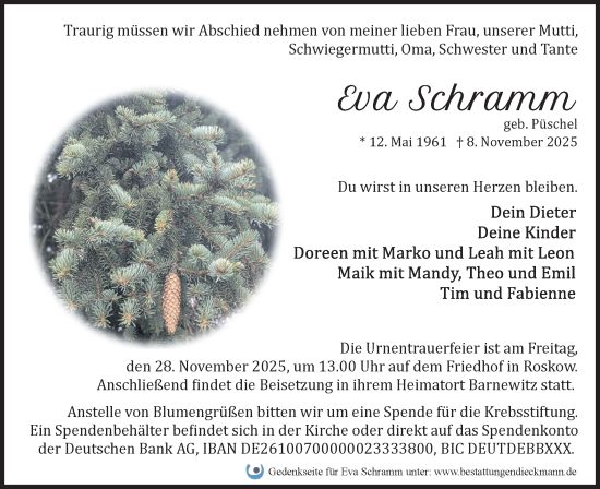 Traueranzeige von Eva Schramm von Märkische Oderzeitung