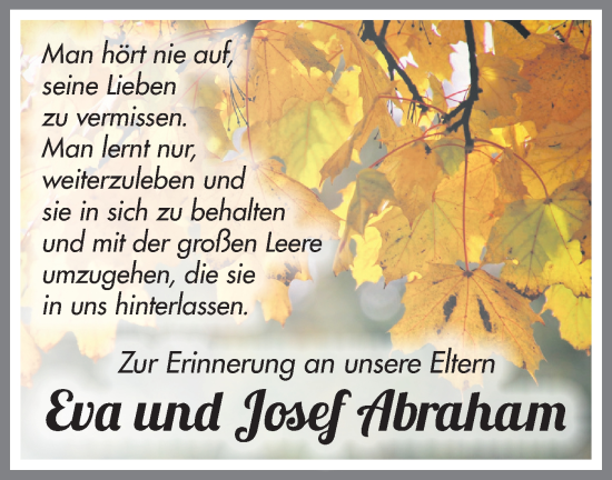 Traueranzeige von Eva und Josef Abraham von Märkische Oderzeitung