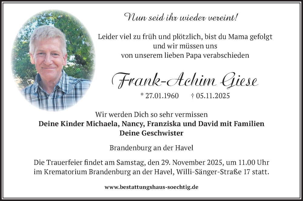  Traueranzeige für Frank-Achim Giese vom 15.11.2025 aus Märkische Oderzeitung