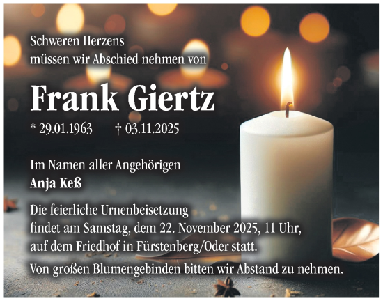 Traueranzeige von Frank Giertz von Märkische Oderzeitung