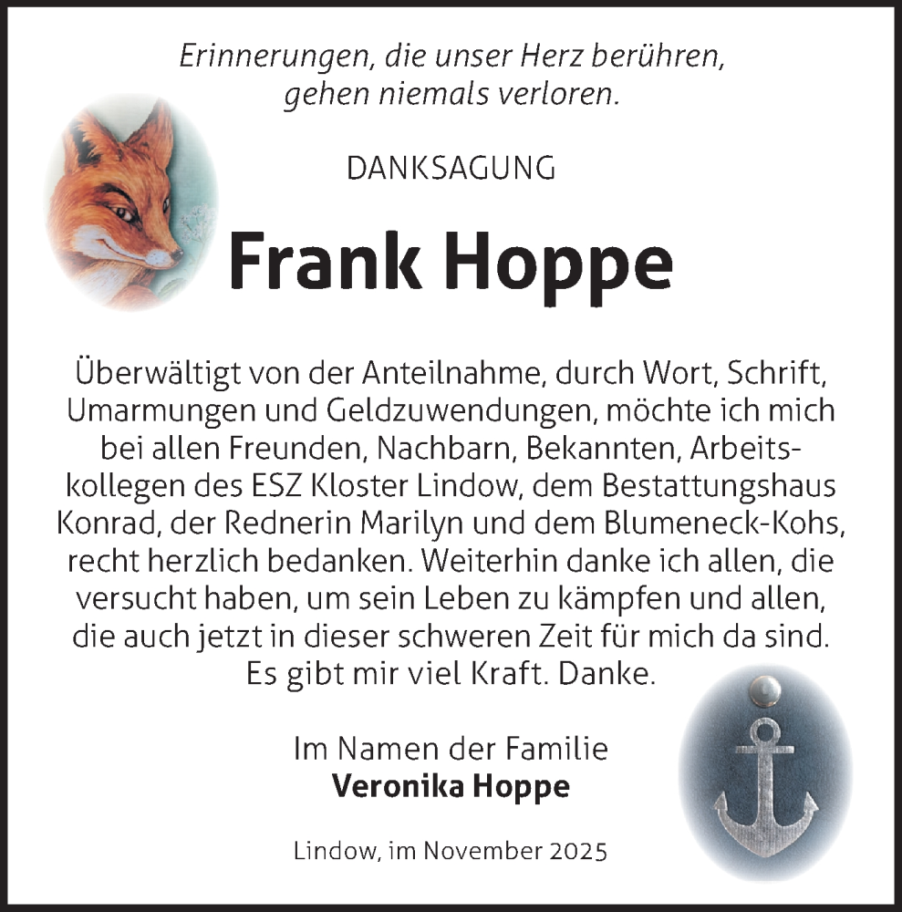  Traueranzeige für Frank Hoppe vom 29.11.2025 aus Märkische Oderzeitung