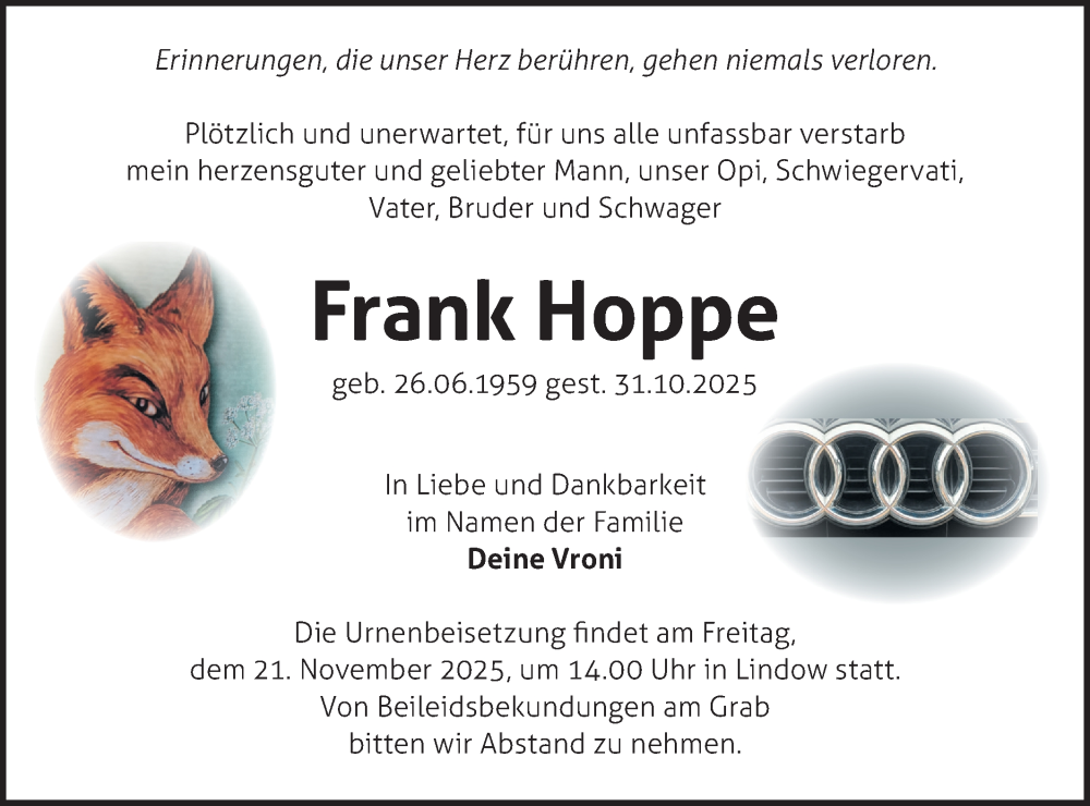  Traueranzeige für Frank Hoppe vom 15.11.2025 aus Märkische Oderzeitung