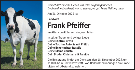 Traueranzeige von Frank Pfeiffer von Märkische Oderzeitung