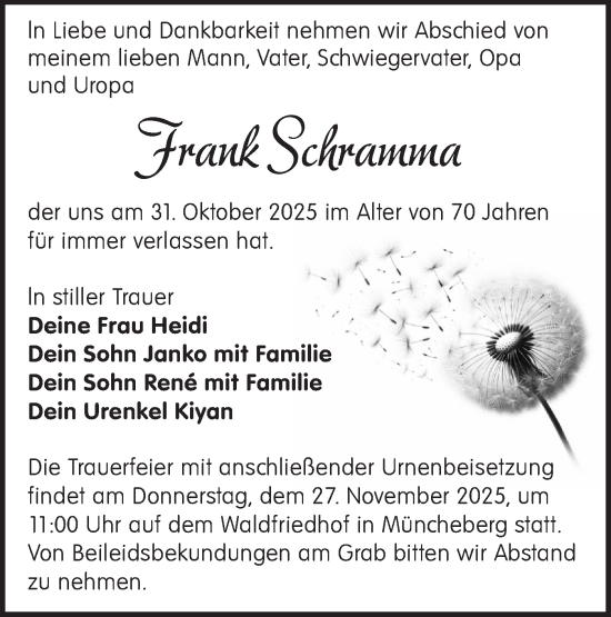 Traueranzeige von Frank Schramma von Märkische Oderzeitung