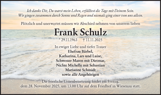 Traueranzeige von Frank Schulz von Märkische Oderzeitung