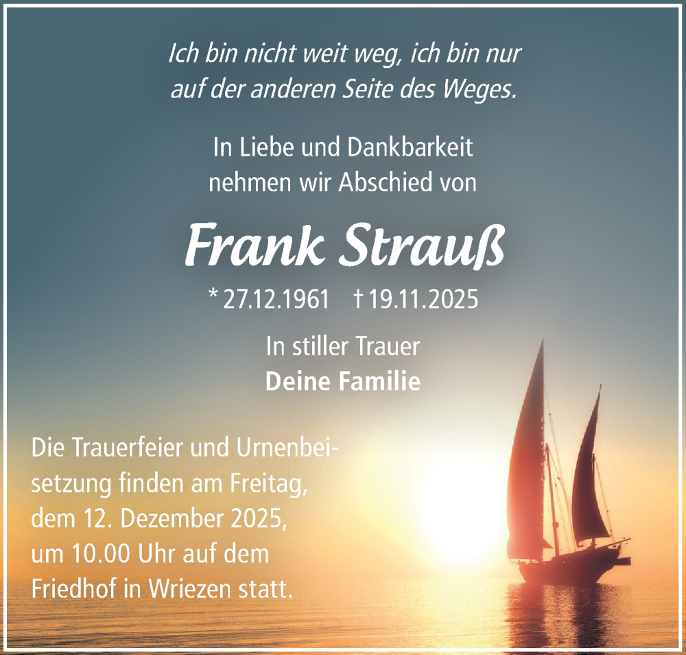  Traueranzeige für Frank Strauß vom 29.11.2025 aus MO Oderld.-Echo