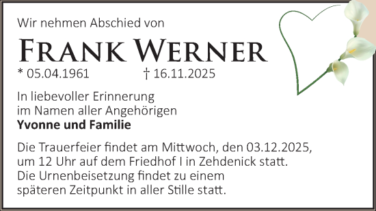 Traueranzeige von Frank Werner von Märkische Oderzeitung