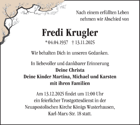 Traueranzeige von Fredi Krugler von Blickpunkt Königs Wusterhausen