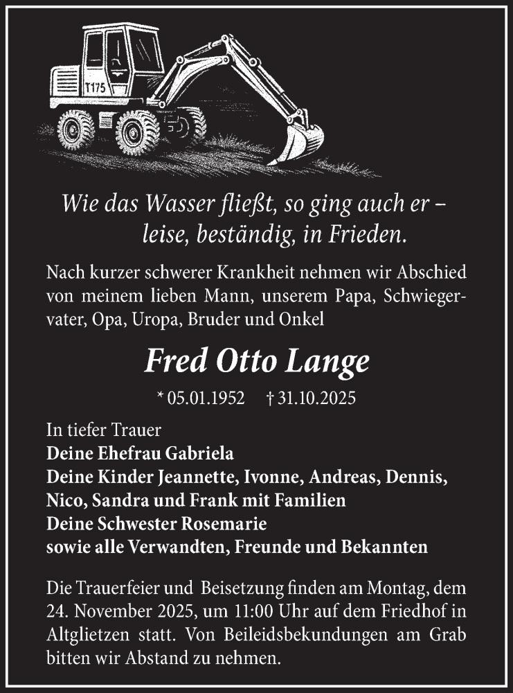  Traueranzeige für Fred Otto Lange vom 15.11.2025 aus MO Oderld.-Echo