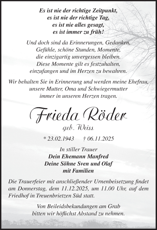 Traueranzeige von Frieda Röder von Blickpunkt Jüterbog/Luckenwalde