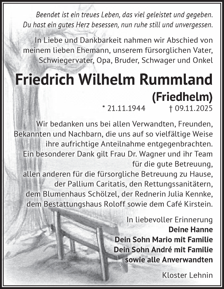  Traueranzeige für Friedrich Wilhelm Rummland vom 22.11.2025 aus Märkische Oderzeitung