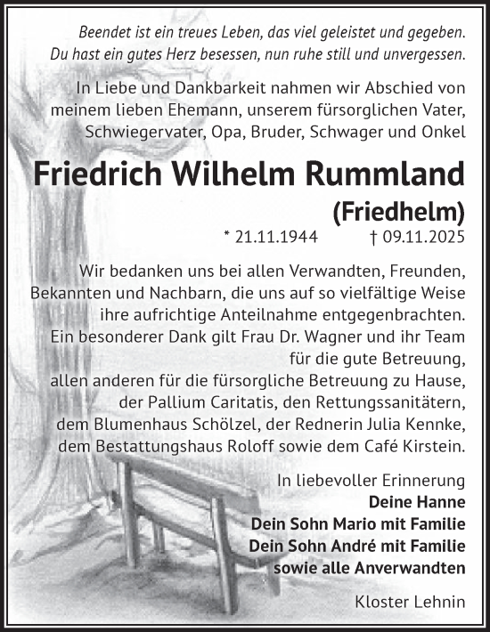 Traueranzeige von Friedrich Wilhelm Rummland von Märkische Oderzeitung