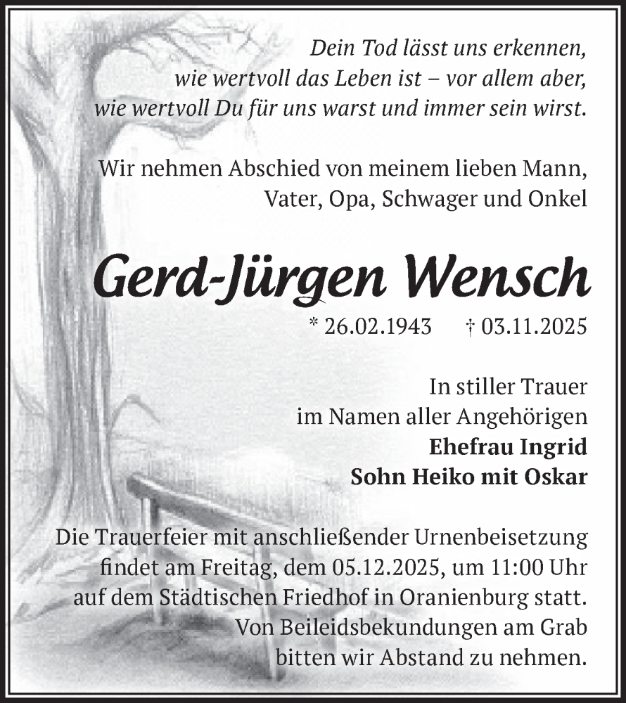  Traueranzeige für Gerd-Jürgen Wensch vom 22.11.2025 aus Märkische Oderzeitung
