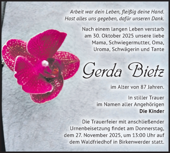 Traueranzeige von Gerda Bietz von Märkische Oderzeitung