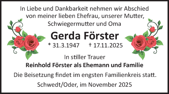 Traueranzeige von Gerda Förster von MO Uckerm.-Anz.