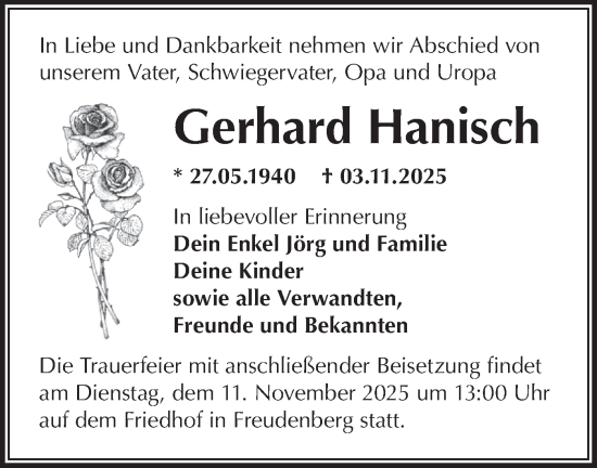 Traueranzeige von Gerhard Hanisch von MO Oderld.-Echo