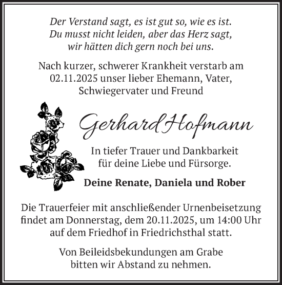 Traueranzeige von Gerhard Hofmann von Märkische Oderzeitung