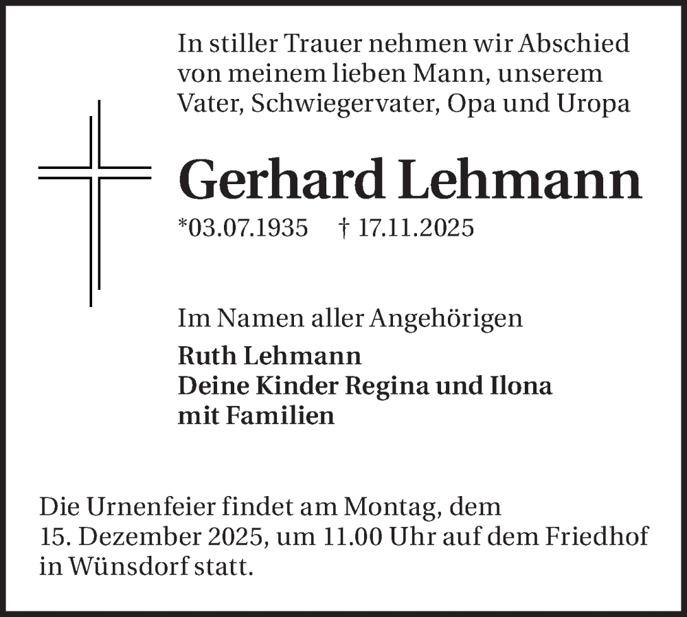  Traueranzeige für Gerhard Lehmann vom 29.11.2025 aus Blickpunkt Ludwigsfelde/Zossen