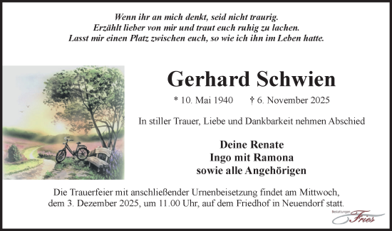 Traueranzeige von Gerhard Schwien von Märkische Oderzeitung