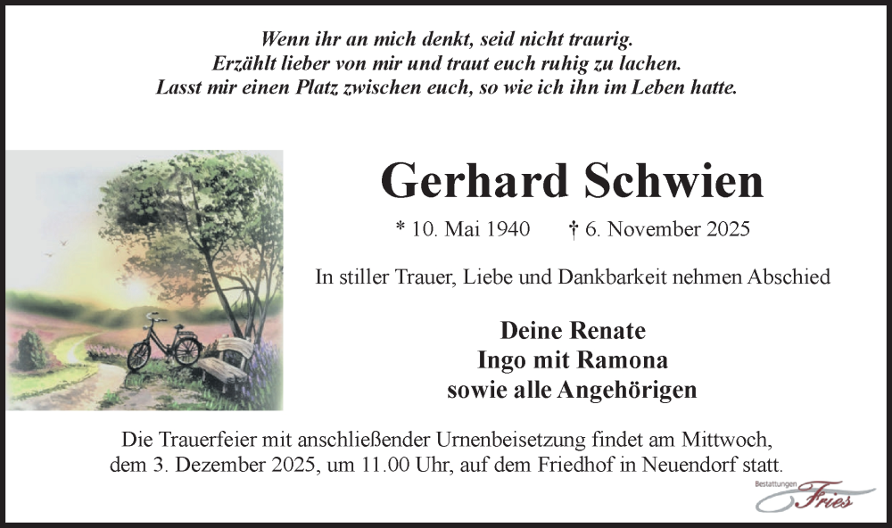  Traueranzeige für Gerhard Schwien vom 29.11.2025 aus Märkische Oderzeitung