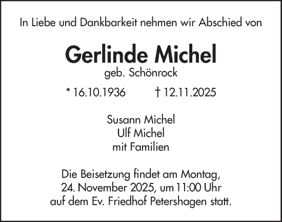 Traueranzeige von Gerlinde Michel von Märkische Oderzeitung