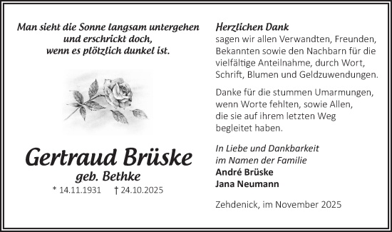 Traueranzeige von Gertraud Brüske von Märkische Oderzeitung