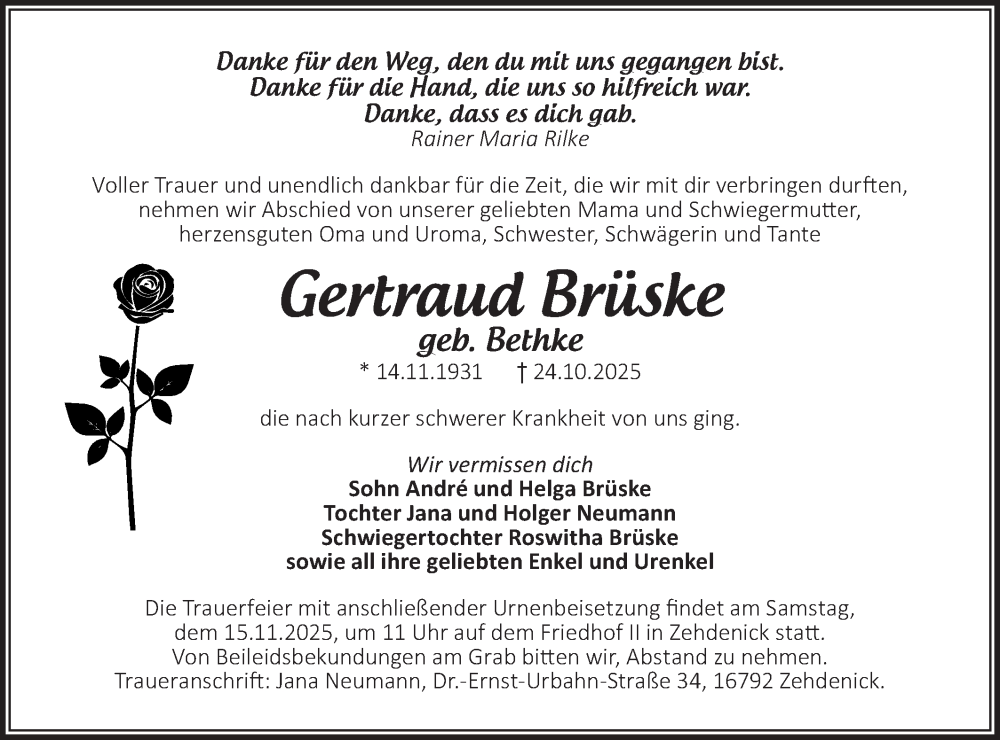  Traueranzeige für Gertraud Brüske vom 08.11.2025 aus Märkische Oderzeitung